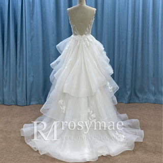 Backless Deep Vneck Ruffle Wedding Dress with Tank Sleeve - Rosymae