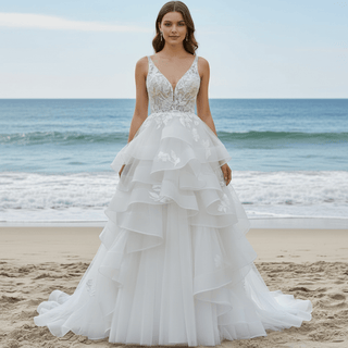 Backless Deep Vneck Ruffle Wedding Dress with Tank Sleeve - Rosymae