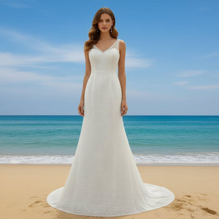 Backless Full Lace A-line Wedding Dress with Illusion V-neckline - Rosymae