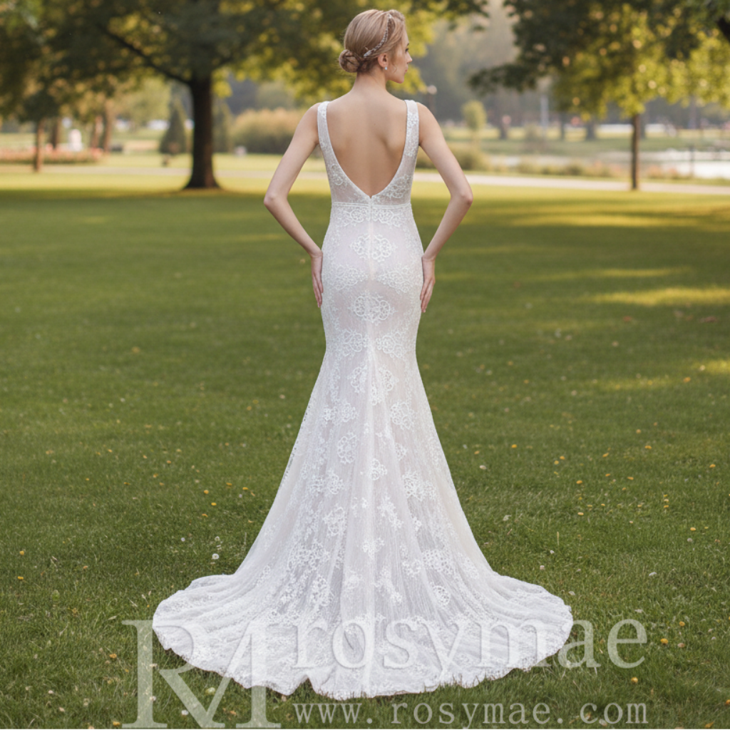 Middle Split Wedding Gown Dress with Illusion Deep V Neck Ivory and Skin Tone / 10 Middle Split Wedding Gown Dress with Illusion Deep V Neck Ivory and Skin Tone / 10