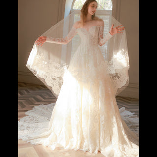 Off The Shoulder Lace Long Sleeve A-line Wedding Dress