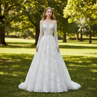 Off The Shoulder Lace Long Sleeve A-line Wedding Dress