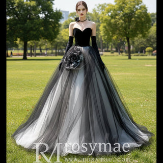 Ball Gown Black and White Wedding Dress with Sweetheart Neck - Rosymae