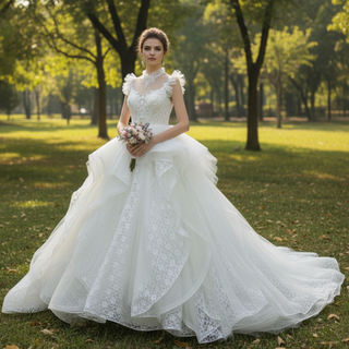 Ball Gown Lace Sheer High-Neck Bridal Wedding Dress with Long Train