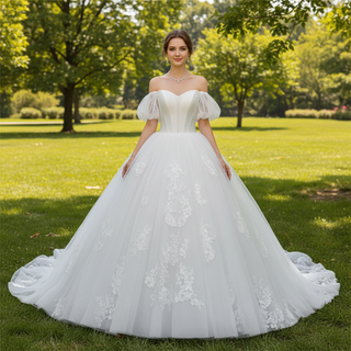 Elegant Off-the-Shoulder Wedding Dress Ball Gown with Floral Lace
