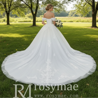 Elegant Off-the-Shoulder Wedding Dress Ball Gown with Floral Lace