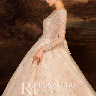 Floral Lace Ball Gown Wedding Dress with Long Sleeves