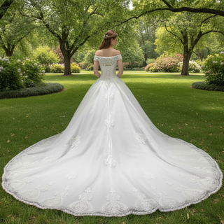 Off the Shoulder Floral Lace Appliqued with Beads Wedding Dress