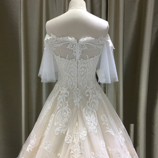 Off the Shoulder Floral Lace Ball Gown Wedding Dress with Flutter Sleeve