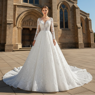 Sheer Bodice Long Sleeve Ball Gown Lace Overlay Wedding Dress