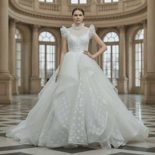 Ball Gown Lace Sheer High-Neck Bridal Wedding Dress with Long Train - Rosymae