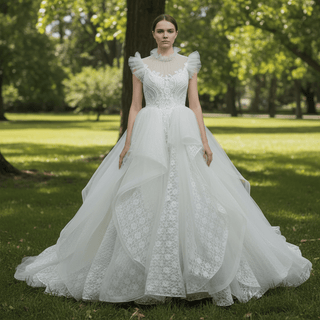 Ball Gown Lace Sheer High-Neck Bridal Wedding Dress with Long Train - Rosymae