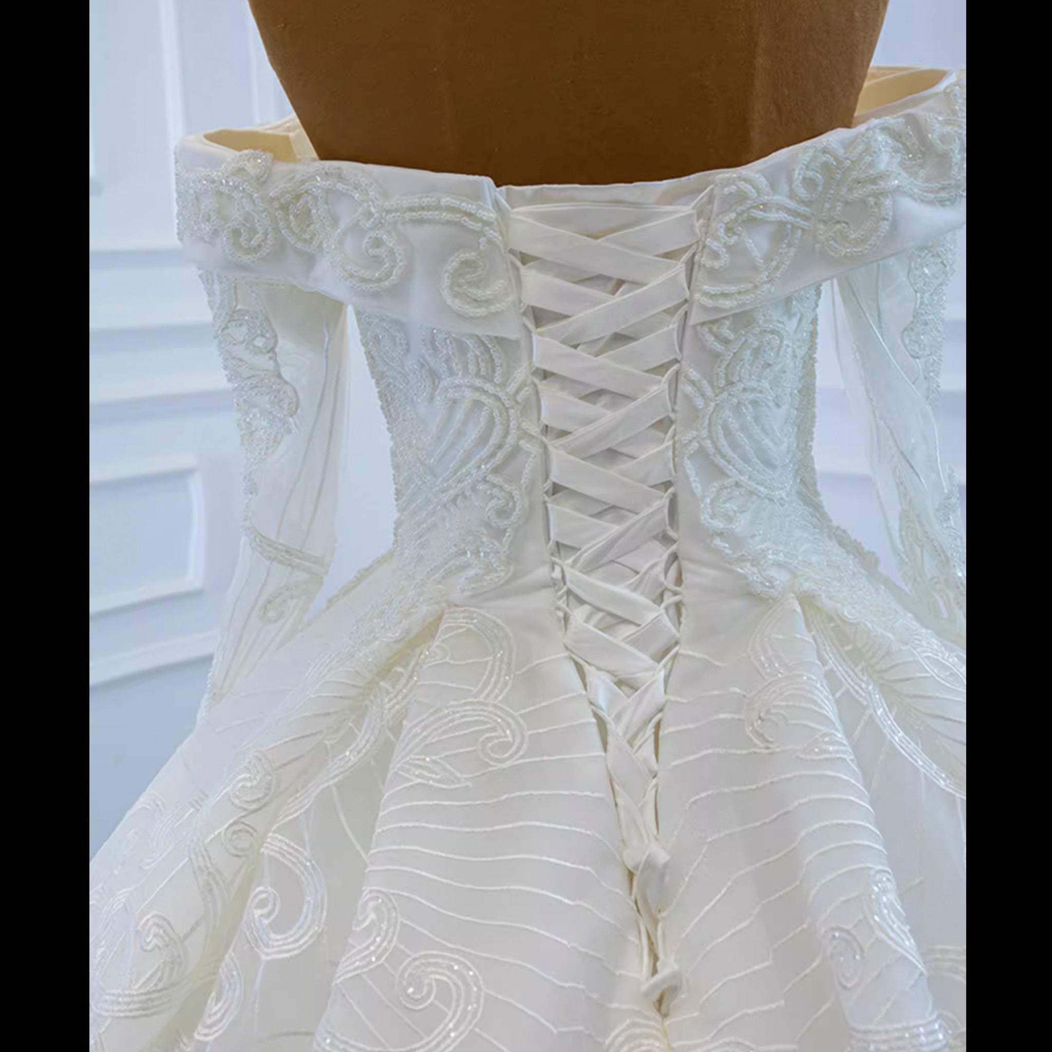 Ball Gown Lace Wedding Dress with Off Shoulder Long Sleeve Bridal Gown - Rosymae