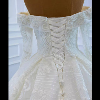 Ball Gown Lace Wedding Dress with Off Shoulder Long Sleeve Bridal Gown - Rosymae