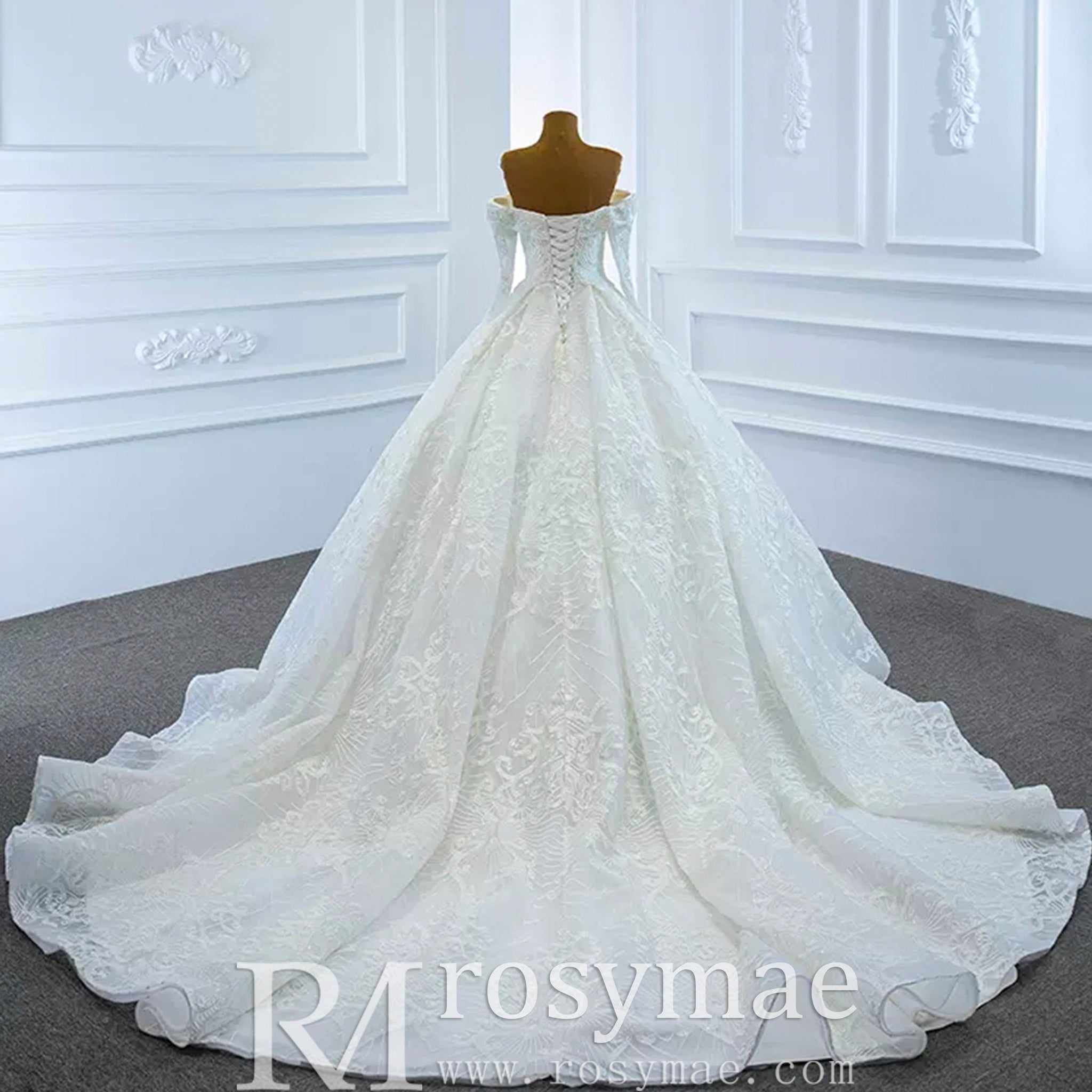 Ball Gown Lace Wedding Dress with Off Shoulder Long Sleeve Bridal Gown - Rosymae