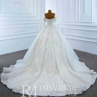 Ball Gown Lace Wedding Dress with Off Shoulder Long Sleeve Bridal Gown - Rosymae