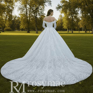 Ball Gown Lace Wedding Dress with Off Shoulder Long Sleeve Bridal Gown - Rosymae
