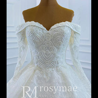 Ball Gown Lace Wedding Dress with Off Shoulder Long Sleeve Bridal Gown - Rosymae