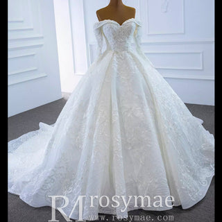 Ball Gown Lace Wedding Dress with Off Shoulder Long Sleeve Bridal Gown - Rosymae