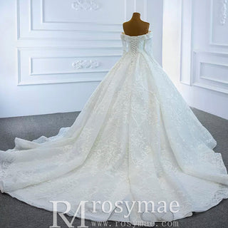 Ball Gown Lace Wedding Dress with Off Shoulder Long Sleeve Bridal Gown - Rosymae