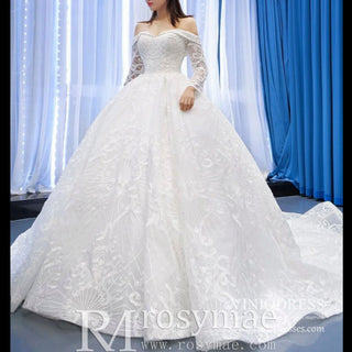 Ball Gown Lace Wedding Dress with Off Shoulder Long Sleeve Bridal Gown - Rosymae