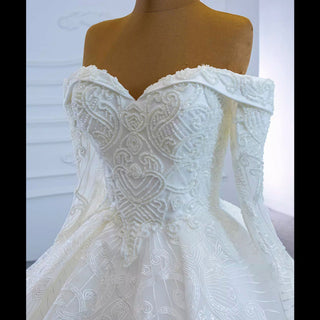 Ball Gown Lace Wedding Dress with Off Shoulder Long Sleeve Bridal Gown - Rosymae