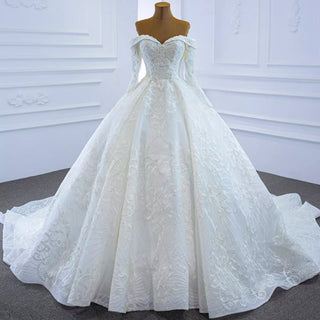 Ball Gown Lace Wedding Dress with Off Shoulder Long Sleeve Bridal Gown - Rosymae