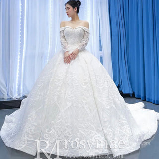 Ball Gown Lace Wedding Dress with Off Shoulder Long Sleeve Bridal Gown - Rosymae
