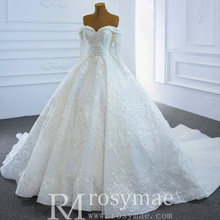 Ball Gown Lace Wedding Dress with Off Shoulder Long Sleeve Bridal Gown - Rosymae