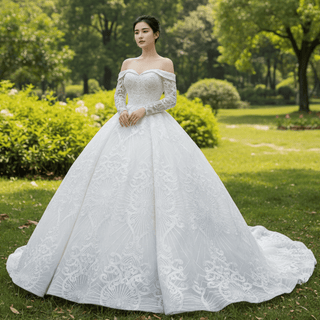 Ball Gown Lace Wedding Dress with Off Shoulder Long Sleeve Bridal Gown - Rosymae