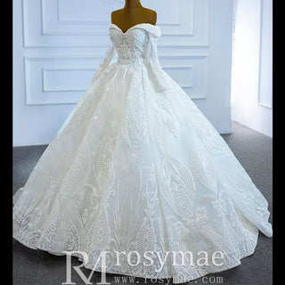 Ball Gown Lace Wedding Dresses with Off the Shoulder Long Sleeves - Rosymae