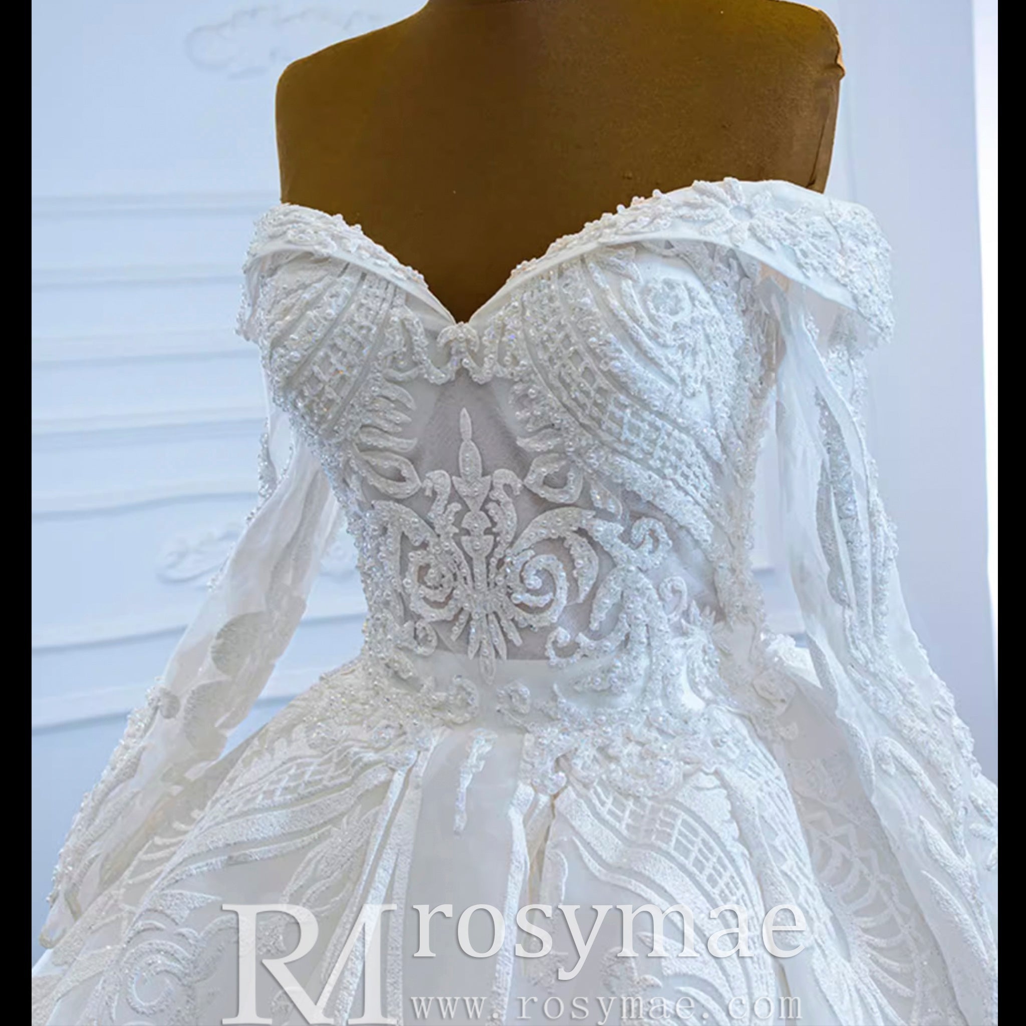 Ball Gown Lace Wedding Dresses with Off the Shoulder Long Sleeves - Rosymae