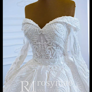 Ball Gown Lace Wedding Dresses with Off the Shoulder Long Sleeves - Rosymae