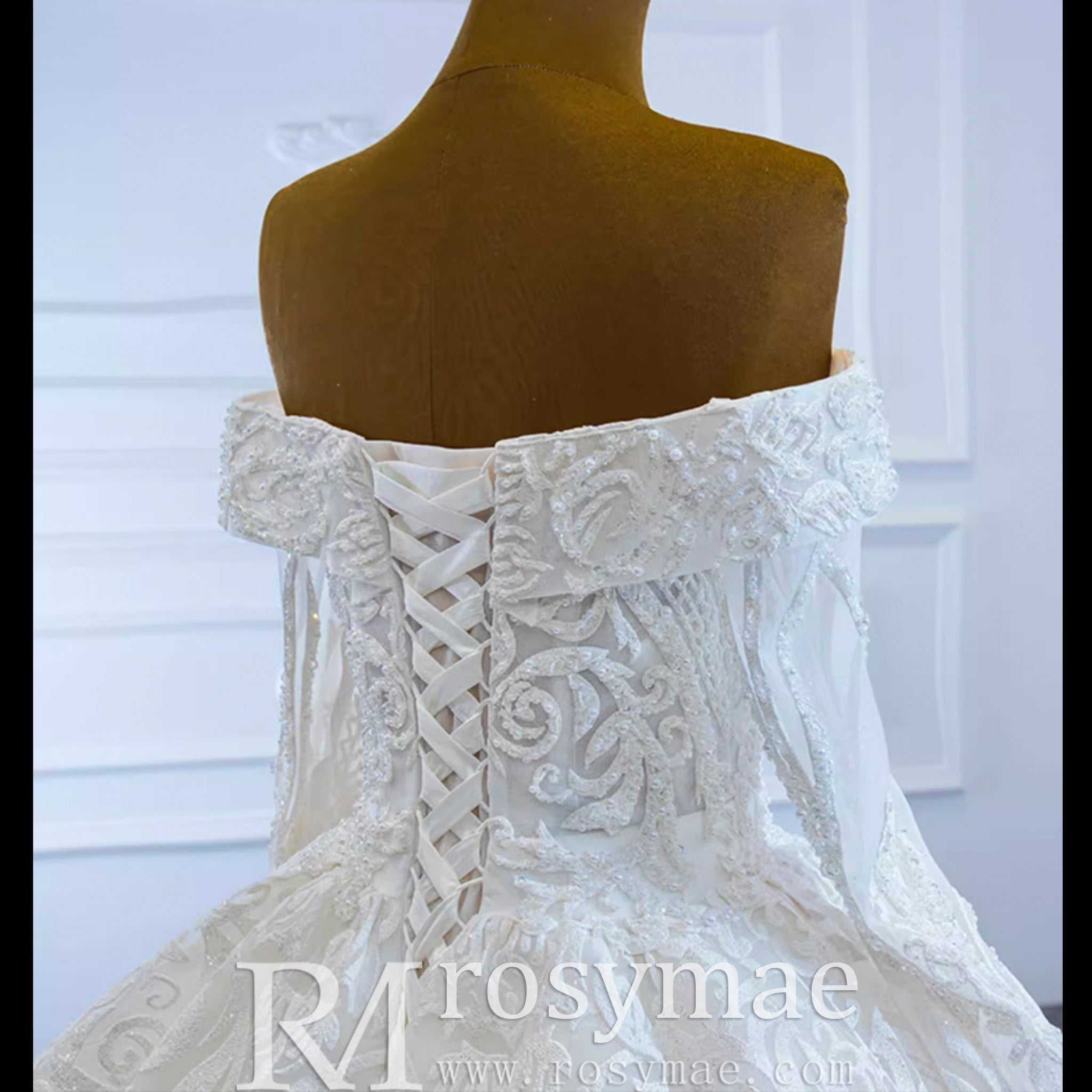 Ball Gown Lace Wedding Dresses with Off the Shoulder Long Sleeves - Rosymae