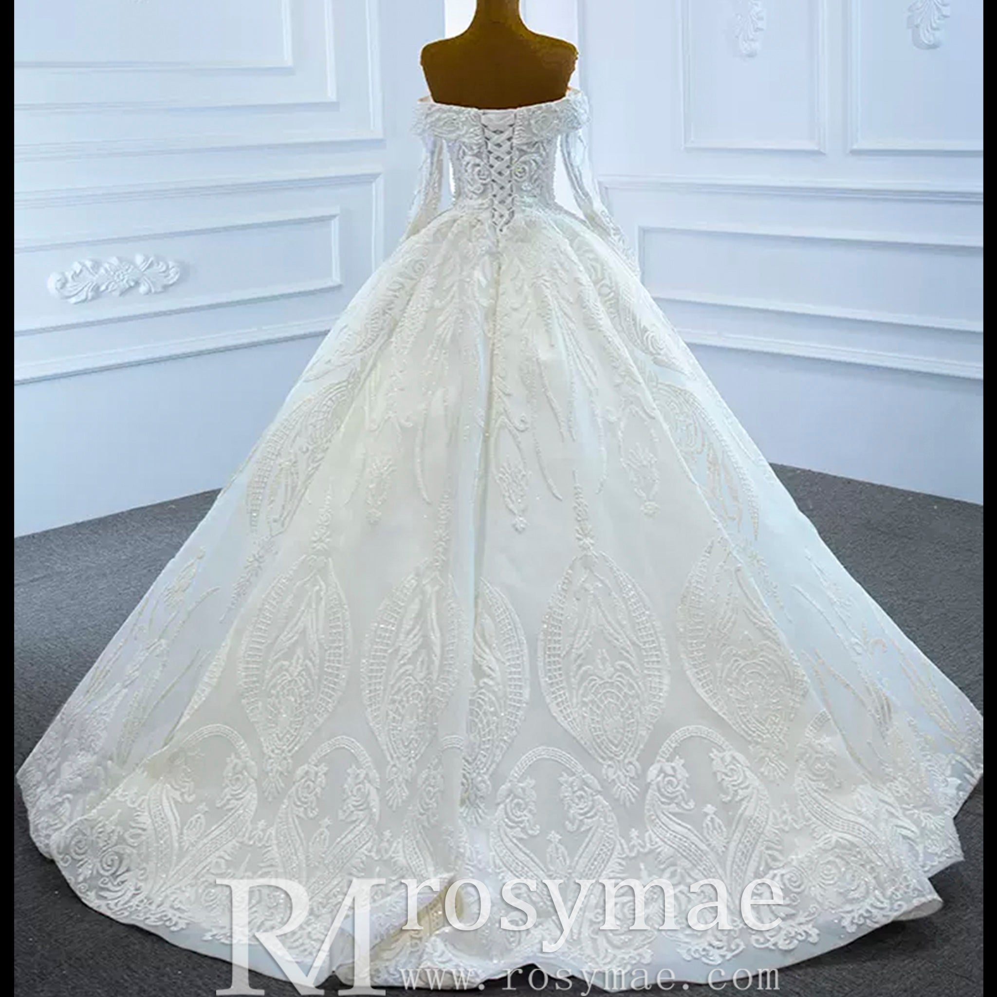 Ball Gown Lace Wedding Dresses with Off the Shoulder Long Sleeves - Rosymae