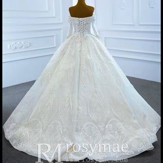 Ball Gown Lace Wedding Dresses with Off the Shoulder Long Sleeves - Rosymae