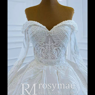 Ball Gown Lace Wedding Dresses with Off the Shoulder Long Sleeves - Rosymae
