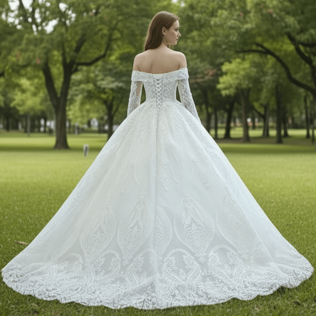 Ball Gown Lace Wedding Dresses with Off the Shoulder Long Sleeves - Rosymae