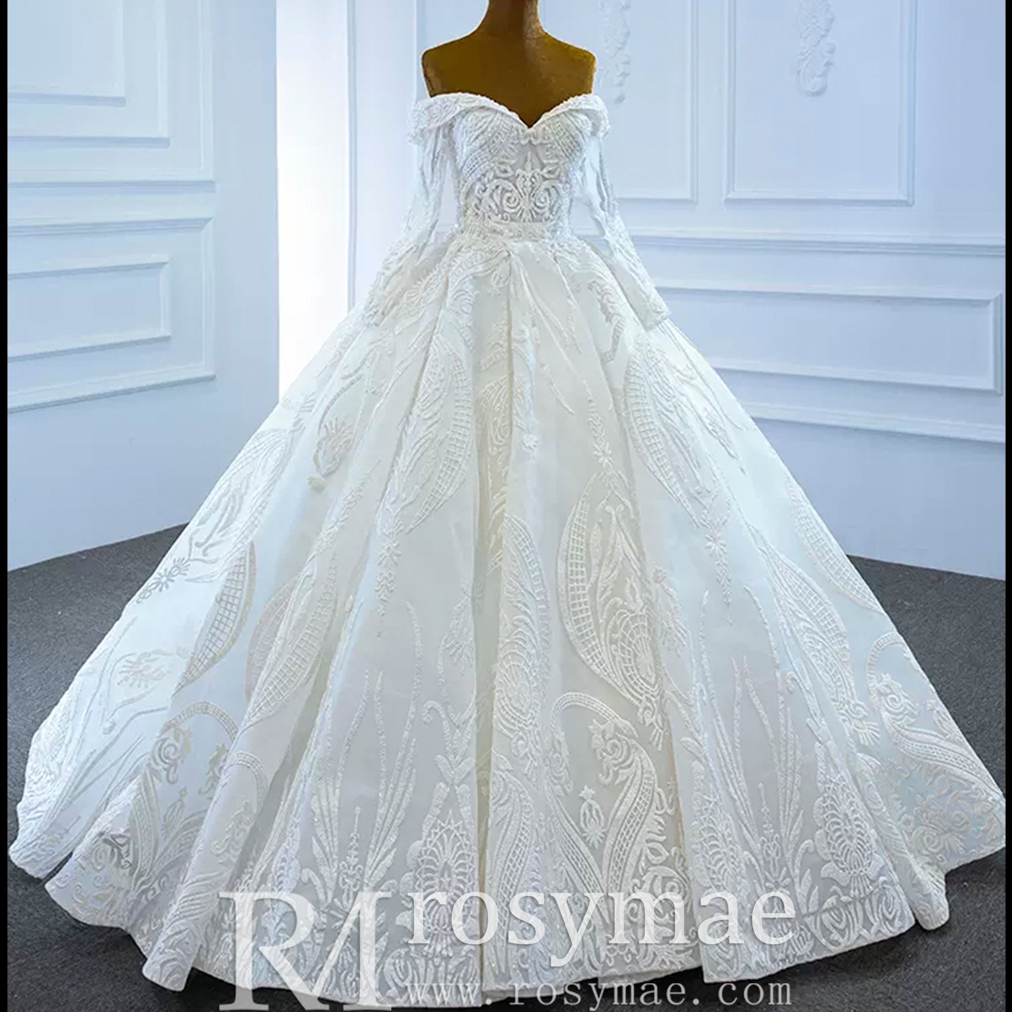 Ball Gown Lace Wedding Dresses with Off the Shoulder Long Sleeves - Rosymae