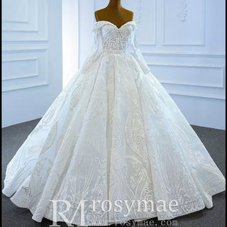 Ball Gown Lace Wedding Dresses with Off the Shoulder Long Sleeves - Rosymae