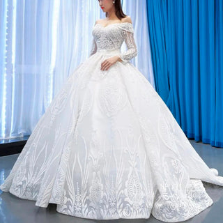 Ball Gown Lace Wedding Dresses with Off the Shoulder Long Sleeves - Rosymae