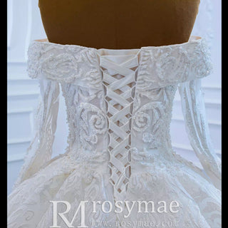 Ball Gown Lace Wedding Dresses with Off the Shoulder Long Sleeves - Rosymae