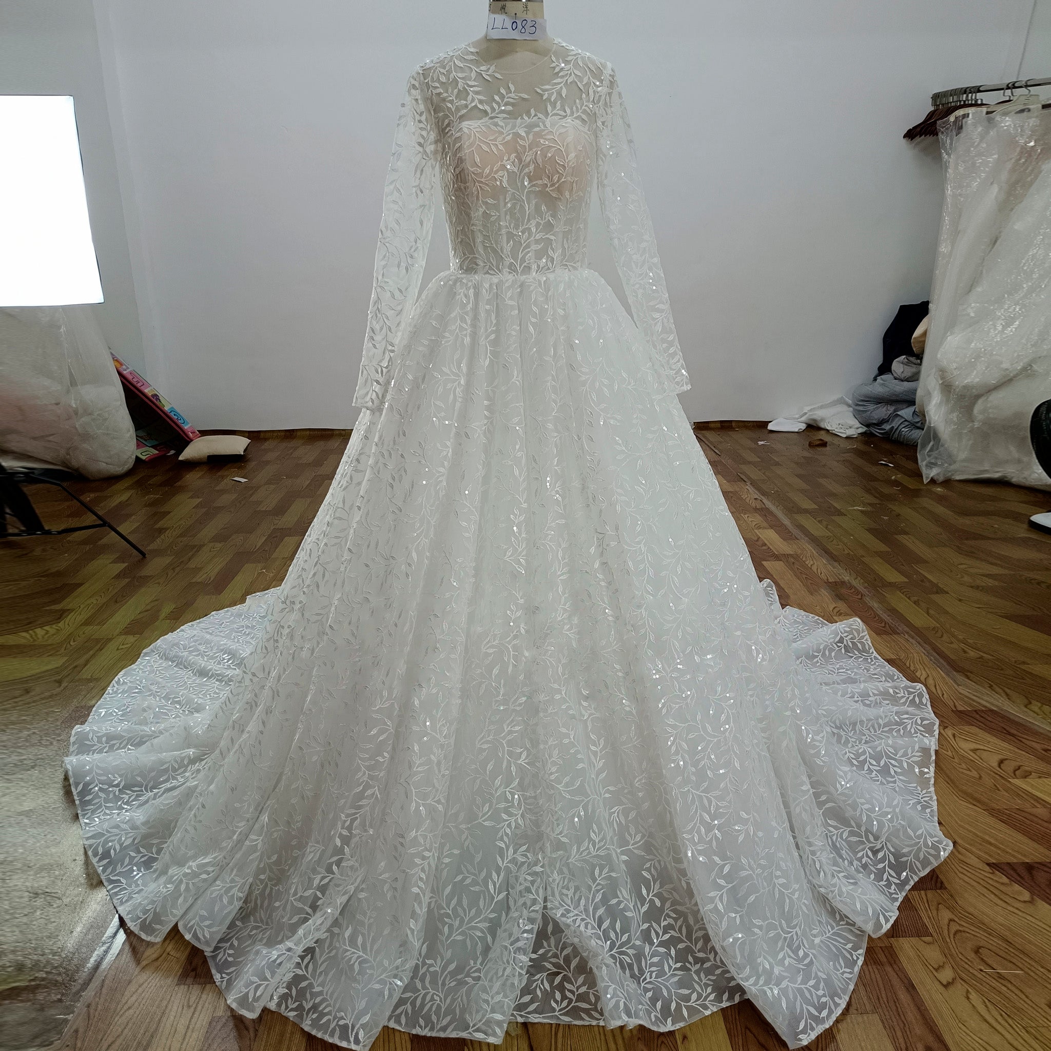 Embroidery Flower Lace Overlay Ball Gown Wedding Dress Long Sleeve Ivory / 18 Embroidery Flower Lace Overlay Ball Gown Wedding Dress Long Sleeve Ivory / 18