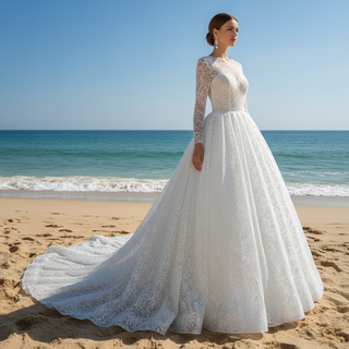 Robe de mariée de robe de bal de superposition de dentelle de fleur de broderie à manches longues