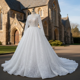 Embroidery Flower Lace Overlay Ball Gown Wedding Dress Long Sleeve