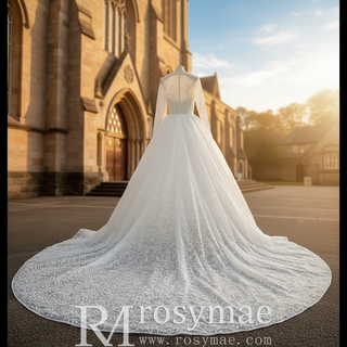 Embroidery Flower Lace Overlay Ball Gown Wedding Dress Long Sleeve