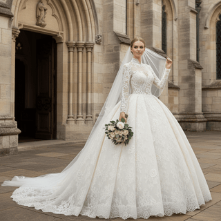 Ball Gown Long Sleeves Lace Muslim Wedding Dress with High Neck - Rosymae