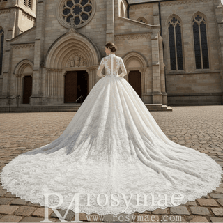 Ball Gown Long Sleeves Lace Muslim Wedding Dress with High Neck - Rosymae