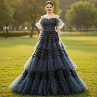 Ball Gown Multi-Level Tulle Dark Blue Quinceanera Dresses - Rosymae