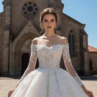 Ball Gown Off Shoulder Long Sleeves Beach Wedding Dress - Rosymae